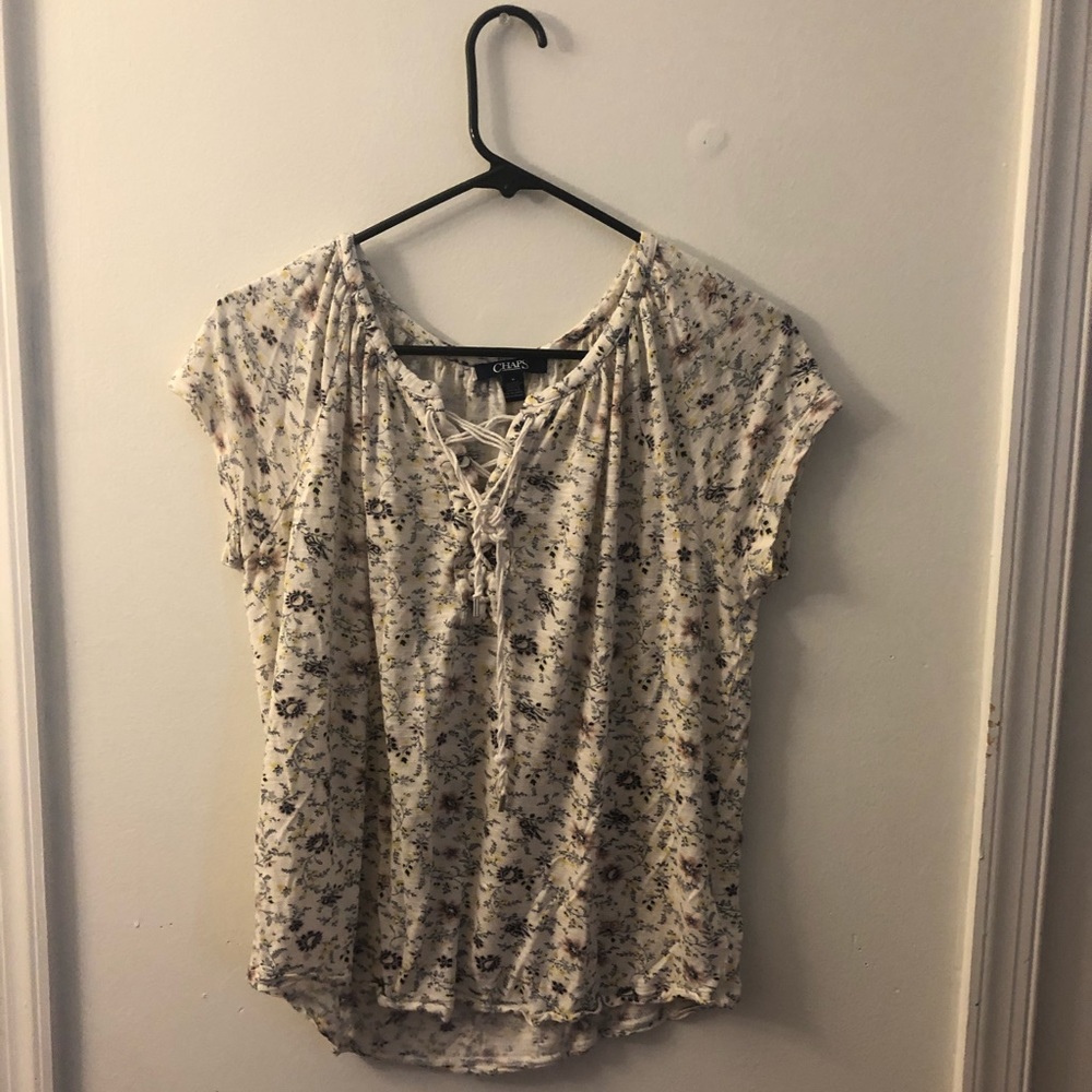 Chaps Floral Lace Front Short Sleeve Top